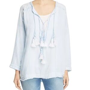 Johnny Was Light Blue Tassel Peasant Blouse